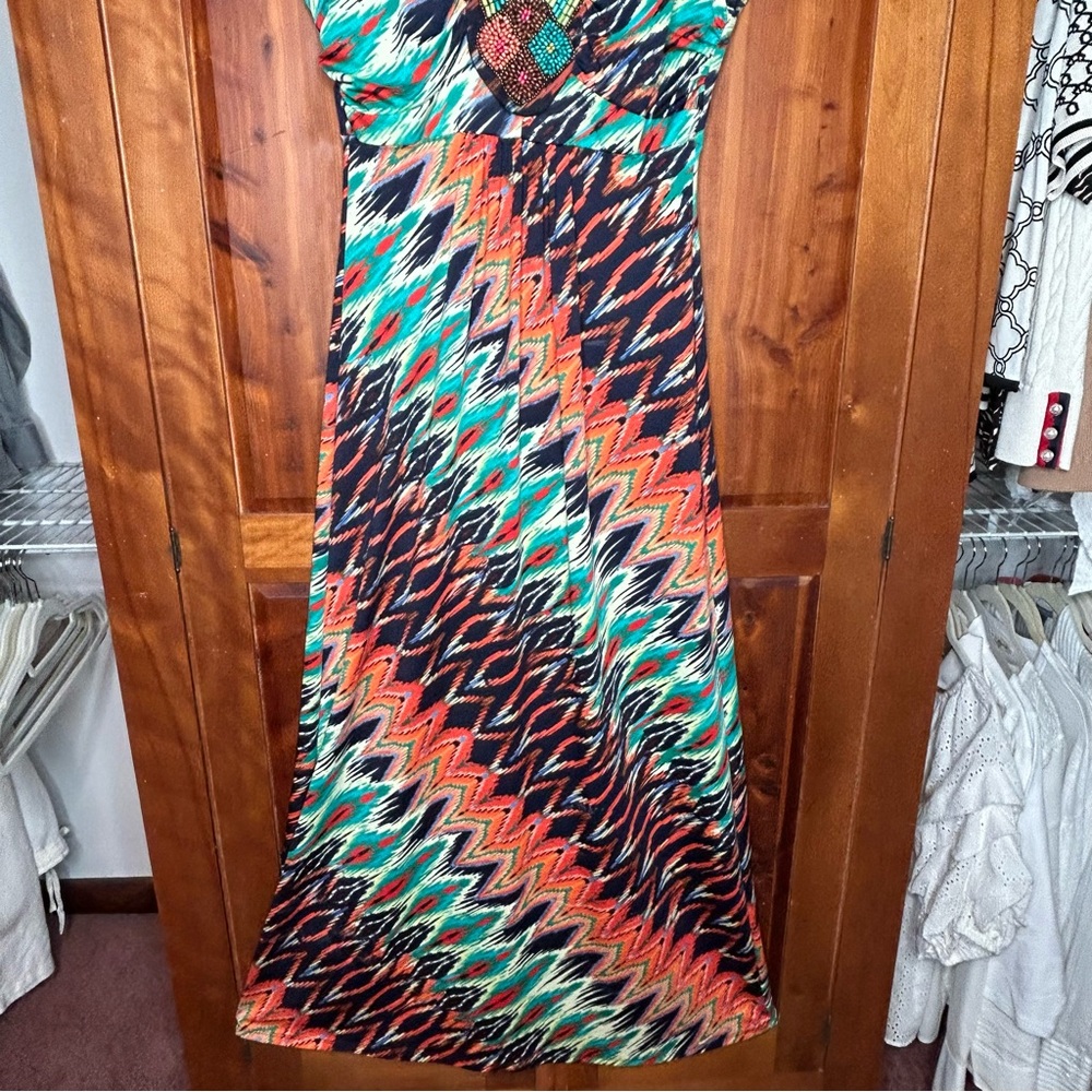 NY Collection Vintage Multicolor Zigzag Beaded Boho Maxi Sleeveless Dress Island - Picture 4 of 17